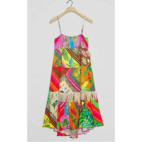 Anthropologie Farm Rio Palila Fringed Midi Dress Summer Topical Print Size XS - Picture 2 of 5